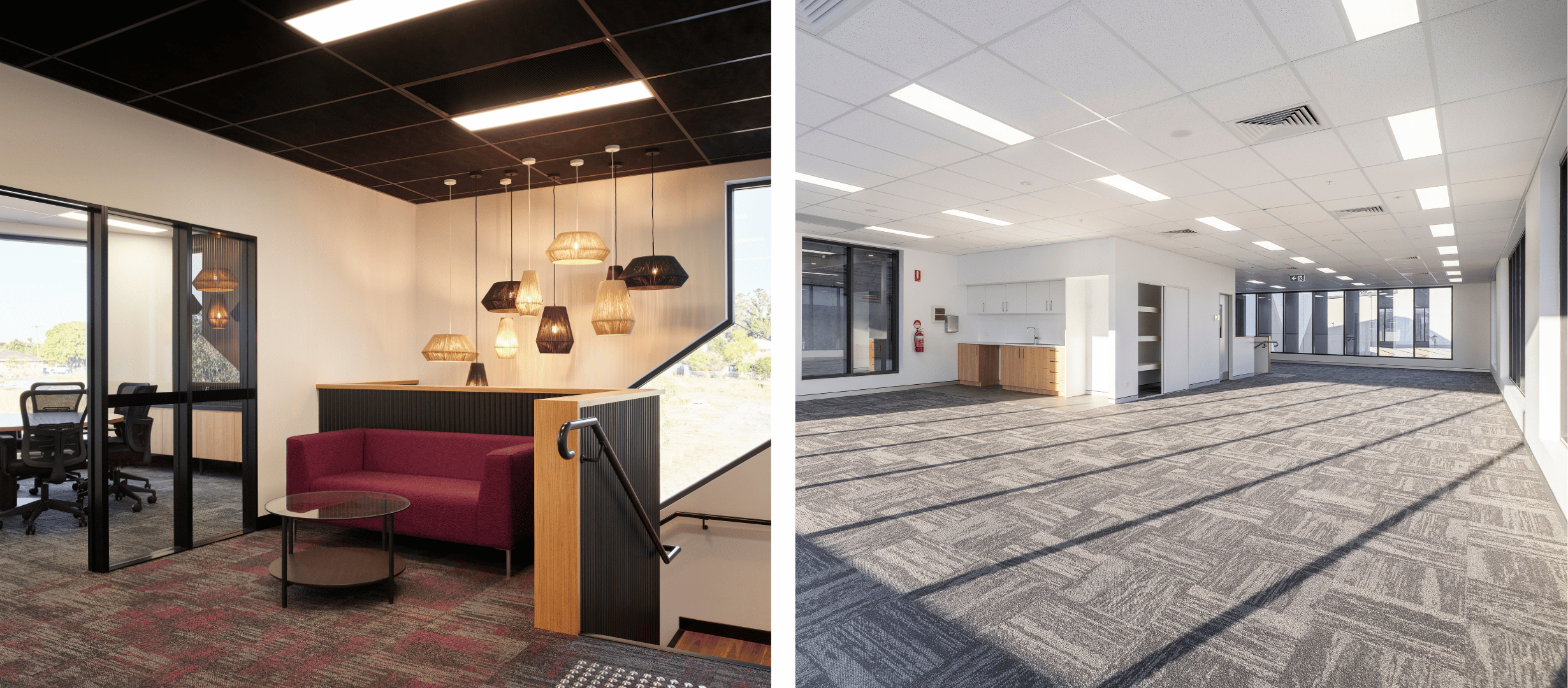 Rycon commercial office interiors featuring a reception lounge, meeting room, pendant lighting, open plan workspace and kitchenette.