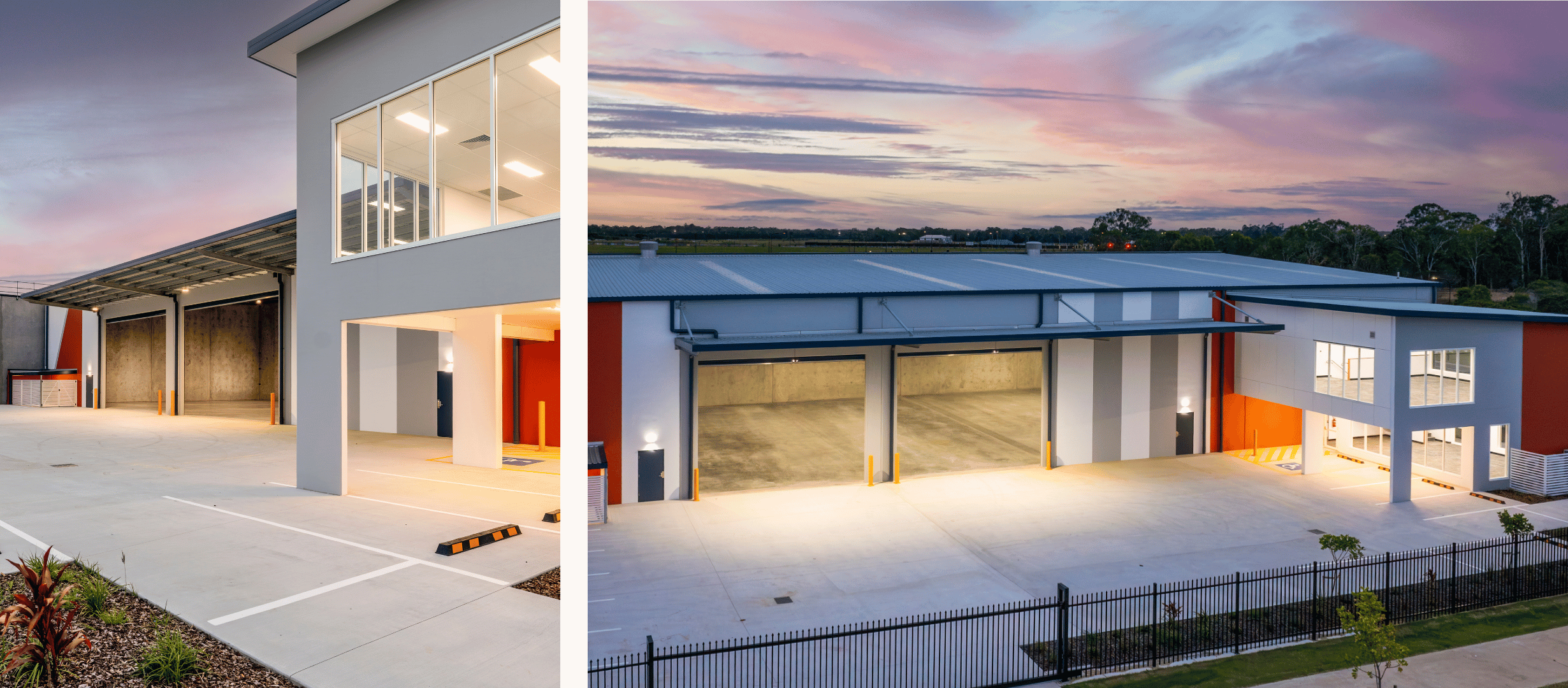 Rycon commercial warehouse and office facility at dusk, featuring large loading bays, concrete hardstand areas and modern grey and orange exterior finishes.