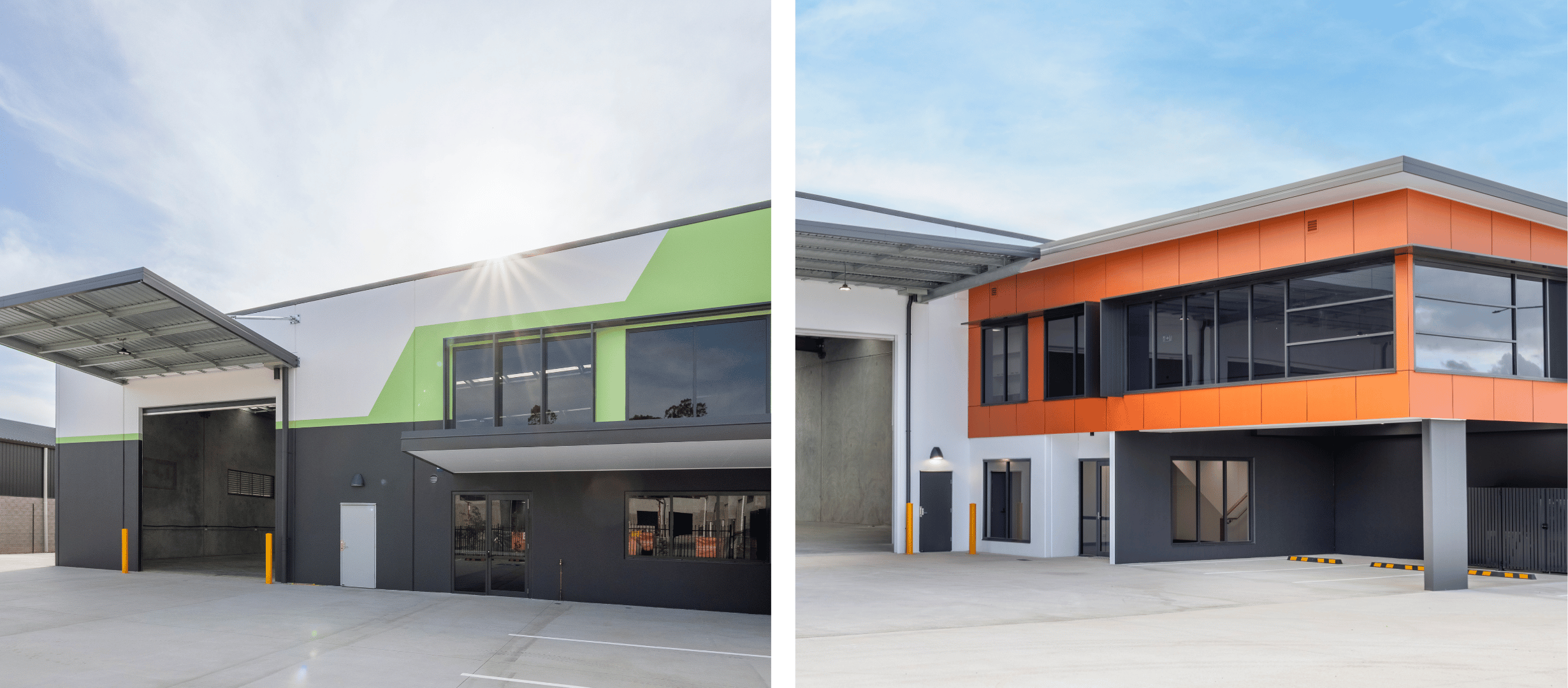Two Rycon commercial warehouse and office facilities with modern exterior finishes, loading bays and concrete hardstand areas.